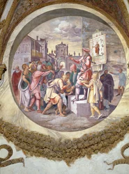 Szene, die zeigt, dass diejenigen, die unter dem Zeichen des Steinbocks in Verbindung mit dem Sternbild des Schlangenträgers oder Ophiucus geboren sind, Schlangenbeschwörer sein werden, symbolisiert durch einen Verkäufer von Theriak, einem Gegengift